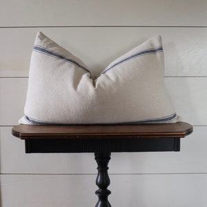 Grain Sack Lumbar Pillow Cover | Farmhouse Lumbar Pillow Cover | Grain Sack Pillow Cover | Blue 3 Stripe | Zipper Closure