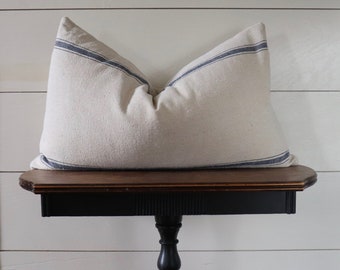 Grain Sack Lumbar Pillow Cover | Farmhouse Lumbar Pillow Cover | Grain Sack Pillow Cover | Blue 3 Stripe | Zipper Closure