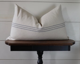 Grain Sack Lumbar Pillow Cover | Farmhouse Lumbar Pillow Cover | Beige Background | Blue 9 Stripe | Zipper Closure