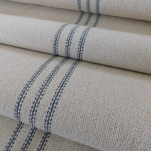 Grain Sack Fabric By The Yard | Farmhouse Fabric | Ticking Fabric | Blue 9 Stripe | Beige Fabric | 54" Wide | Upholstery Weight
