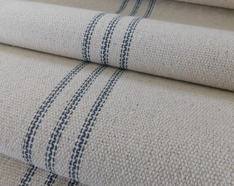 Grain Sack Fabric By The Yard | Farmhouse Fabric | Ticking Fabric | Blue 9 Stripe | Beige Fabric | 54" Wide | Upholstery Weight