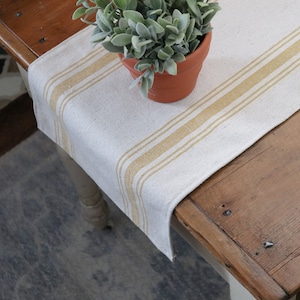 Grain Sack Table Runner | Farmhouse Table Runner | Beige Grain Sack Fabric | Yellow 5 Stripe | 14&quot; Wide