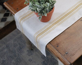 Grain Sack Table Runner | Farmhouse Table Runner | Beige Grain Sack Fabric | Yellow 5 Stripe | 14" Wide