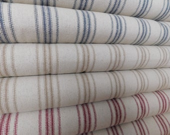 Grain Sack Fabric By The Yard | Farmhouse Fabric | Ticking Fabric | 12 Stripe Fabric | Beige Background | 54" Wide | Upholstery Weight