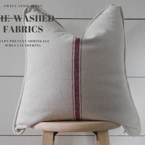 Piped Edge Grain Sack Pillow Cover | Feed Sack Pillow | Cover | Farmhouse Pillow Cover | Centered Burgundy 3 Stripe | Beige Fabric