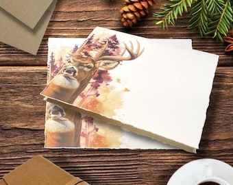 Biglietti d'auguri con cervo dalla coda bianca ad acquerello: biglietti bianchi strappati a mano, per ogni occasione, arte naturalistica, - Set di 12