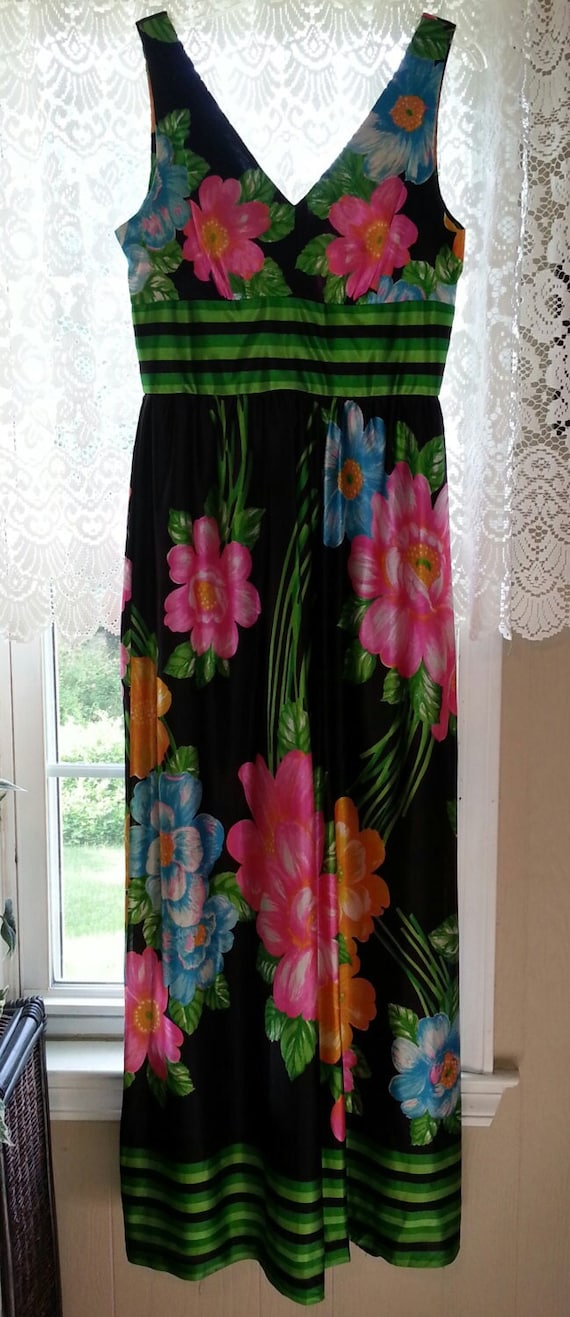 1960s Bright Floral Formal Empire Waist Maxi Dress - Gem