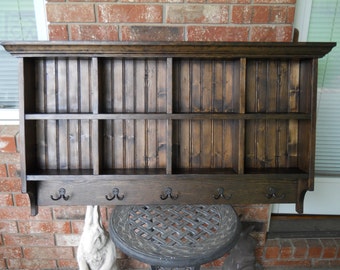 Dark Walnut Mudroom Cubby Shelf with Hooks