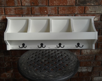 White Entryway Organizer, Mail and Key Holder, Coat Hooks