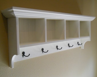 White Wood Cubby Shelf: Mudroom Organizer with Hooks