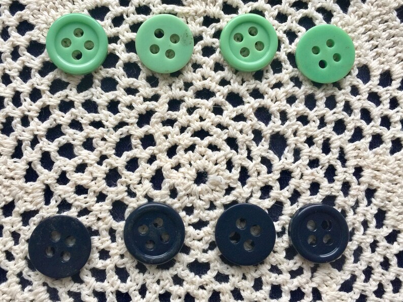 4 matching navy small buttons Lot of vintage green and navy blue round buttons Set of 8 buttons: 4 matching green craft buttons