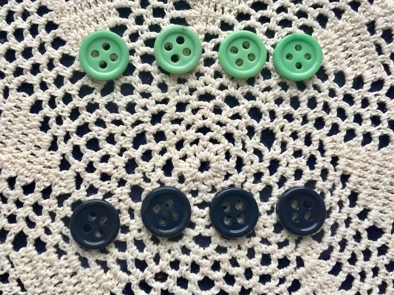 4 matching navy small buttons Lot of vintage green and navy blue round buttons Set of 8 buttons: 4 matching green craft buttons