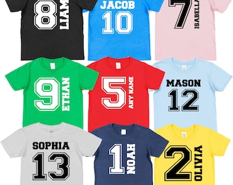 Personalised Any Age and Name Kids T-shirt 9 Colours Custom Print personalize Boys Girls Birthday Party Gift Tee Top