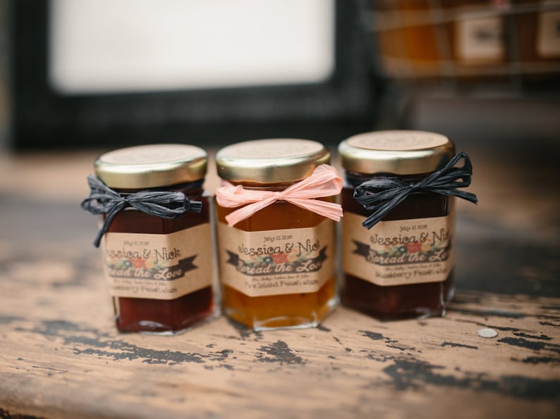 150 2oz Rustic Jam Wedding Favors, Wedding Guest Favors, Spring Wedding Favors, Rustic Bridal Shower Favors, Edible Wedding Favor, Jam Jar image 1