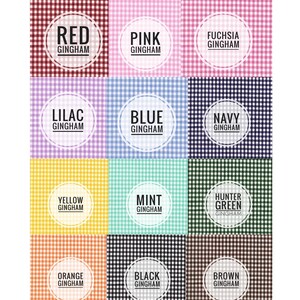 May include: A chart of 12 different gingham fabric swatches, each with a different color and the name of the color written in white text. The colors are red, pink, fuchsia, lilac, blue, navy, yellow, mint, hunter green, orange, black, and brown.