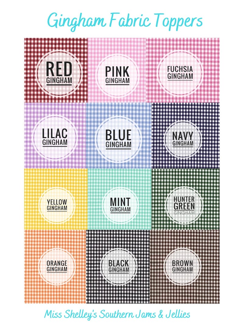 May include: A chart of 12 different gingham fabric swatches, each with a different color and the name of the color written in white text. The colors are red, pink, fuchsia, lilac, blue, navy, yellow, mint, hunter green, orange, black, and brown.