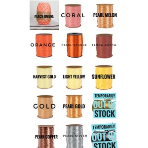 May include: Assortment of orange and yellow ribbon colors, including peach ombre, coral, pearl melon, orange, pearl orange, terra cotta, harvest gold, light yellow, sunflower, gold, pearl gold, pearl copper, and pearl silver. Some colors are temporarily out of stock.