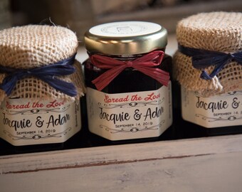 Burlap Favors, 25 (1.5oz) Jam Jar Wedding Favors, Micro Wedding Favors, Personalized Rustic Wedding Favors, Spring Bridal Shower Favors