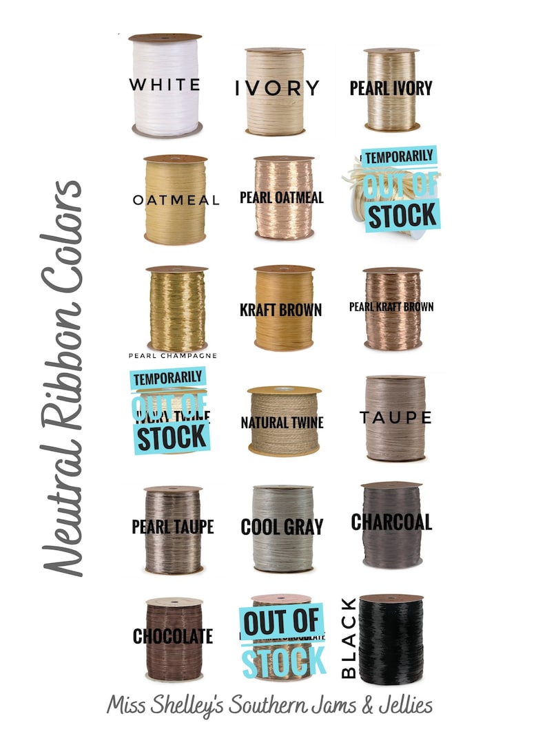 May include: A chart of neutral ribbon colors with spools of ribbon in various shades of white, ivory, brown, gray, and black. The chart is labeled "Neutral Ribbon Colors".
