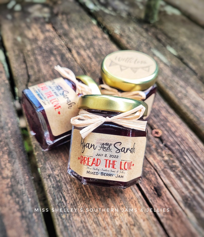 145 1.5oz Rustic Jam Wedding Favors, Edible Fall Wedding Favors, Personalized Wedding Favor, Rustic Bridal Shower Favors, Spread the Love image 9