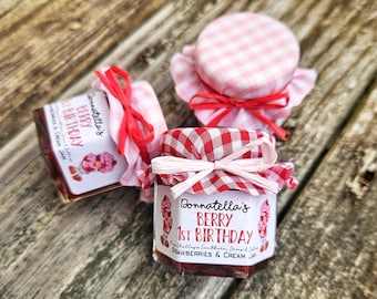 Berry Sweet Jam Favors, Gingham Fabric Topper, Strawberry Edible Favors, 80 Jars