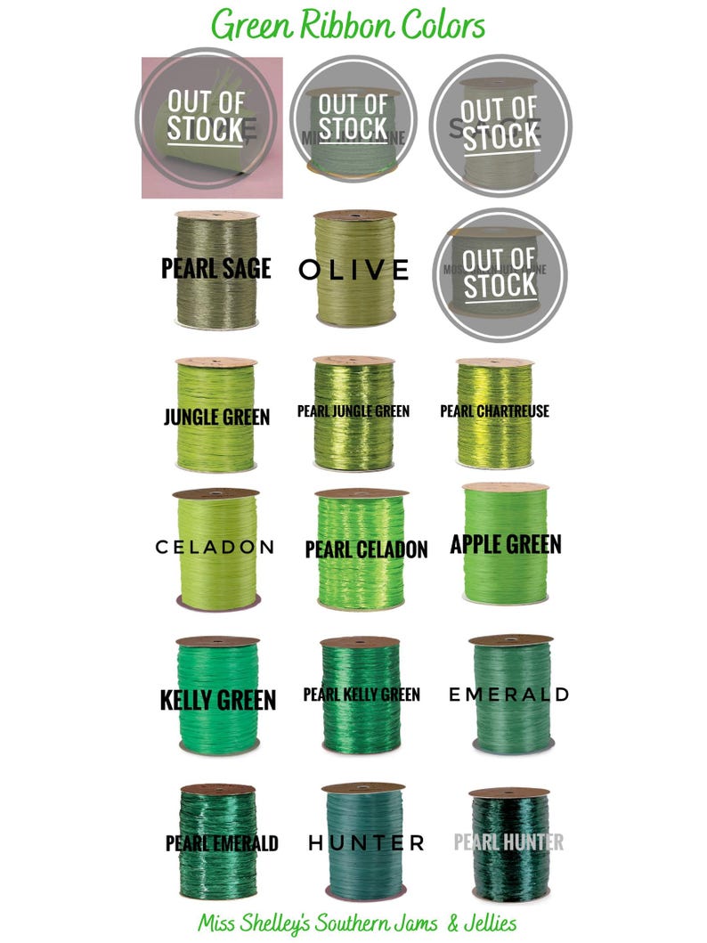 May include: A collection of spools of green ribbon in various shades, including jungle green, pearl celadon, and emerald. The spools are labeled with the ribbon color names.