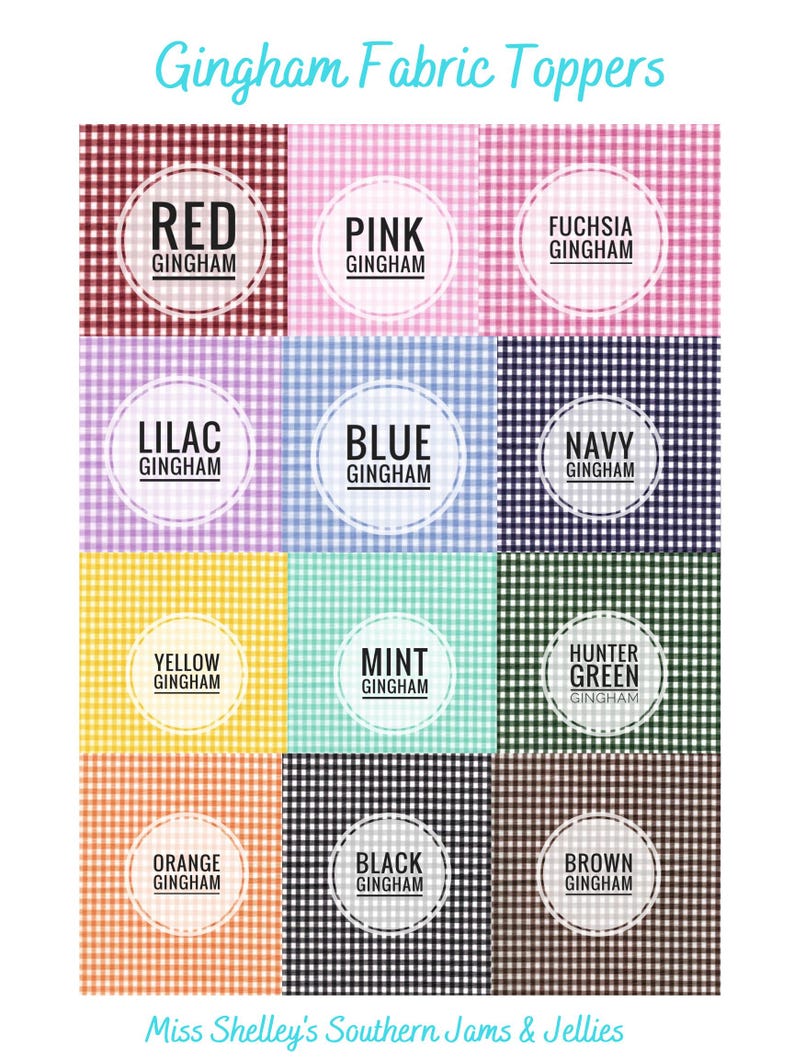 May include: A chart of 12 different colored gingham fabric swatches with the color name and "Gingham" written below each swatch. The colors are red, pink, fuchsia, lilac, blue, navy, yellow, mint, hunter green, orange, black, and brown.
