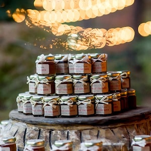 100 2oz Rustic Jam Wedding Favors with Personalized Labels Edible Fall Wedding Favors Mini Jam Jar Favors Micro Wedding Guest Favor Ideas image 1