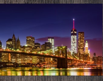 New York City Skyline Moonrise Panorama Metal Print - wide angle photo of downtown Manhattan from Brooklyn printed on metal