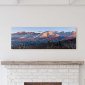 Franconia Notch Winter Alpenglow Photo - fine art giclee, canvas, or metal / aluminum wall art print of sunset in the White Mountains
