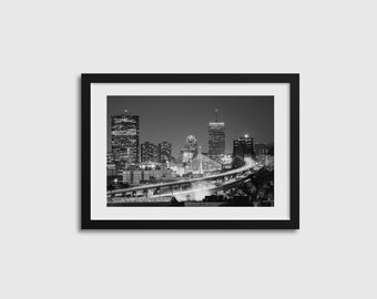 Boston Skyline and Bridges Framed Print Wall Art - black and white photo of the Boston city skyline and bridges framed in a wood frame