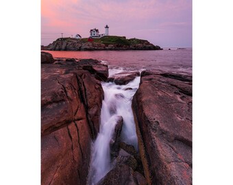 Summer Sunset at Nubble Lighthouse Print | Maine Coastal Wall Art | York Beach New England Photography | Lighthouse Seascape Canvas