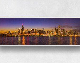 Chicago Skyline at Blue Hour Print - panorama photo of sunset fading behind the skyscrapers of downtown Chicago, Illinois