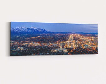 Salt Lake City Valley Sunset Canvas Wrap - panorama fine art photography of sunset behind the Wasatch Mountains and the skyline of downtown