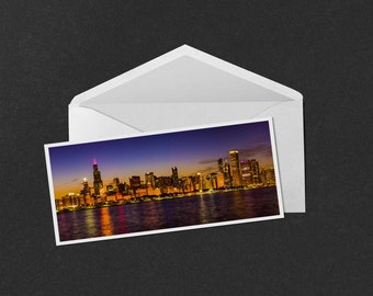 Chicago Skyline at Blue Hour Note Card - 4x9 panorama photo of sunset fading behind the skyscrapers of downtown Chicago, Illinois