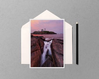 Summer Sunset at Nubble Lighthouse Blank 5x7 Notecard | Maine Greeting Card | York Beach Stationery | Coastal Correspondence Cards
