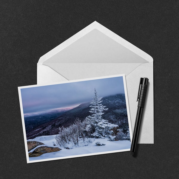 Frosty Tree on Middle Sugarloaf Mountain Note Card - 5x7 photo of sunset over a tree high in the White Mountains of New Hampshire