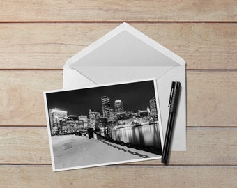 Boston Harbor Courthouse View 5x7 Note Card - Black and white photo of a snowy Boston Harbor and Boston skyline from Fan Pier