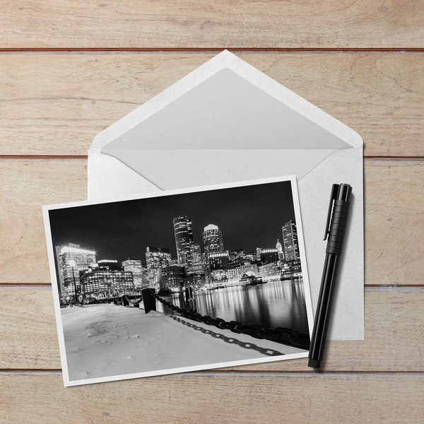 Boston Harbor Courthouse View 5x7 Note Card - Black and white photo of a snowy Boston Harbor and Boston skyline from Fan Pier