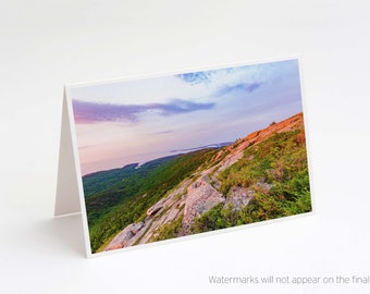 Sunrise over Cadillac Mountain Granite 5x7 Note Card - landscape photography greeting card of Acadia National Park, Bar Harbor, Maine