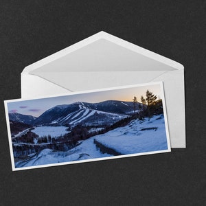 Franconia Notch Winter Sunset Greeting Card - panorama photo of sunset behind Cannon Mountain and Mt Lafayette in Franconia Notch State Park