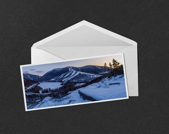 Franconia Notch Winter Sunset Greeting Card - panorama photo of sunset behind Cannon Mountain and Mt Lafayette in Franconia Notch State Park