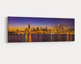 Chicago Skyline at Blue Hour Canvas Wrap - panorama photo of sunset fading behind the skyscrapers of downtown Chicago, Illinois