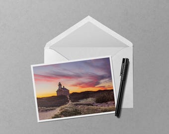 North Lighthouse Block Island Sunrise 5x7 Notecard - Rhode Island Lighthouse Blank Greeting Card Stationery - Coastal New England