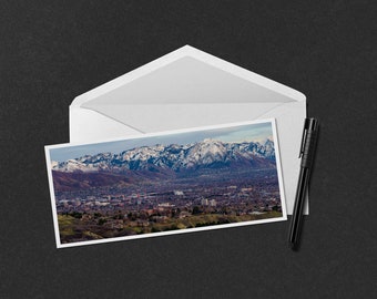 Salt Lake City and the Wasatch at Dusk 4x9 Note Card - photo of the Wasatch Mountains, University of Utah, and Salt Lake City, Utah