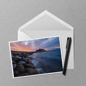 Coucher de soleil d’hiver au Knob in Woods Hole Note Card - Carte de note 5x7 d’un coucher de soleil coloré derrière le Knob à Woods Hole Massachusetts
