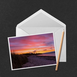 Sunrise over Nobska Lighthouse Notecard - Carte photo 5x7 d’un lever de soleil coloré de décembre derrière le phare de Nobska à Woods Hole sur Cape Cod