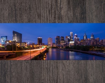 South Street Bridge Sunset Panorama Metal Print - sunset photo of the Philadelphia skyline from the South Street Bridge printed on aluminum