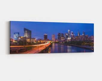 South Street Bridge Sunset Canvas Gallery Wrap - sunset panorama photo of the Philadelphia skyline from the South Street Bridge