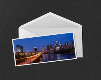 South Street Bridge Sunset Notecard - 4x9 panorama photo of blue hour over the Center City Philadelphia skyline from the South Street Bridge